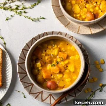 Autumn Vegan Corn Chowder with Butternut and Sweet Potato 7 overhead view of vegan corn and squash chowder with coconut milk on a gray surface.