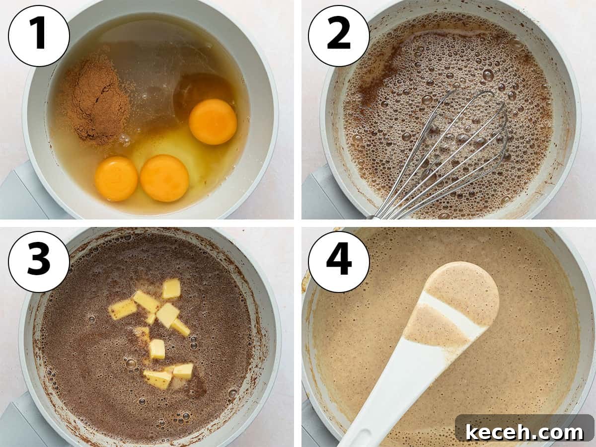 Apple Curd Recipe: Smooth Homemade Apple Spread 4 Process Shot Collage: combining the ingredients in a saucepan and cooking the curd until thick.