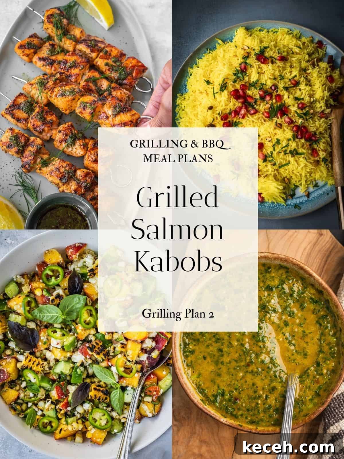 Grilled Salmon Kabobs: 7-Day Meal Plan Ideas 2 Collage of images including salmon skewers on a platter, saffron rice on a plate, corn and peach salad in a bowl and chermoula sauce in a bowl.
