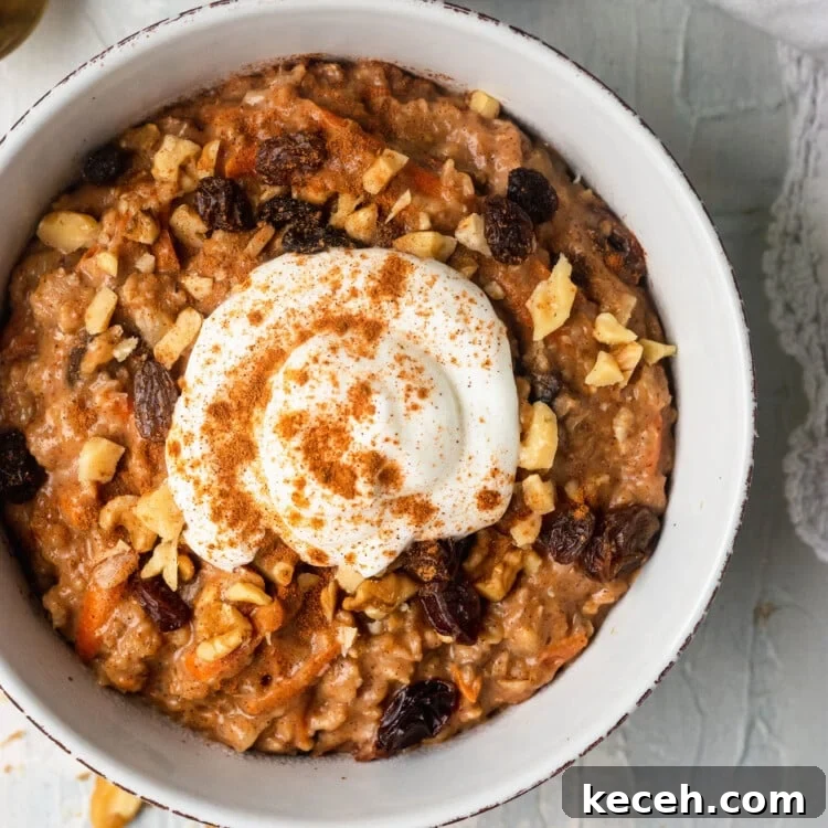 Carrot Cake Oatmeal Recipe: Spiced Overnight Oats with Carrot and Walnut 7 carrot cake oatmeal in a bowl topped with Greek yogurt and cinnamon