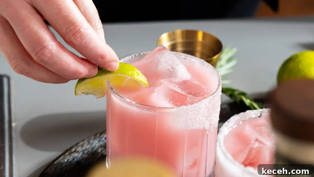 Cranberry Coconut Lime Christmas Margarita Recipe 5 A delicious Christmas margarita recipe in a glass, with a lime wedge being added to the rim.