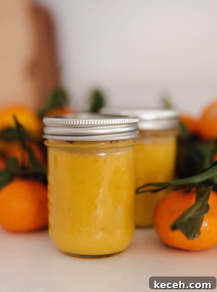 No-Fail Orange Curd Recipe — Smooth, Tangy, Homemade 7 Jar of orange curd on countertop with mandarin oranges.