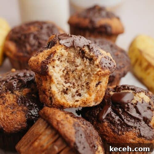 Banana muffins in a pile, one with a bite taken out of it.