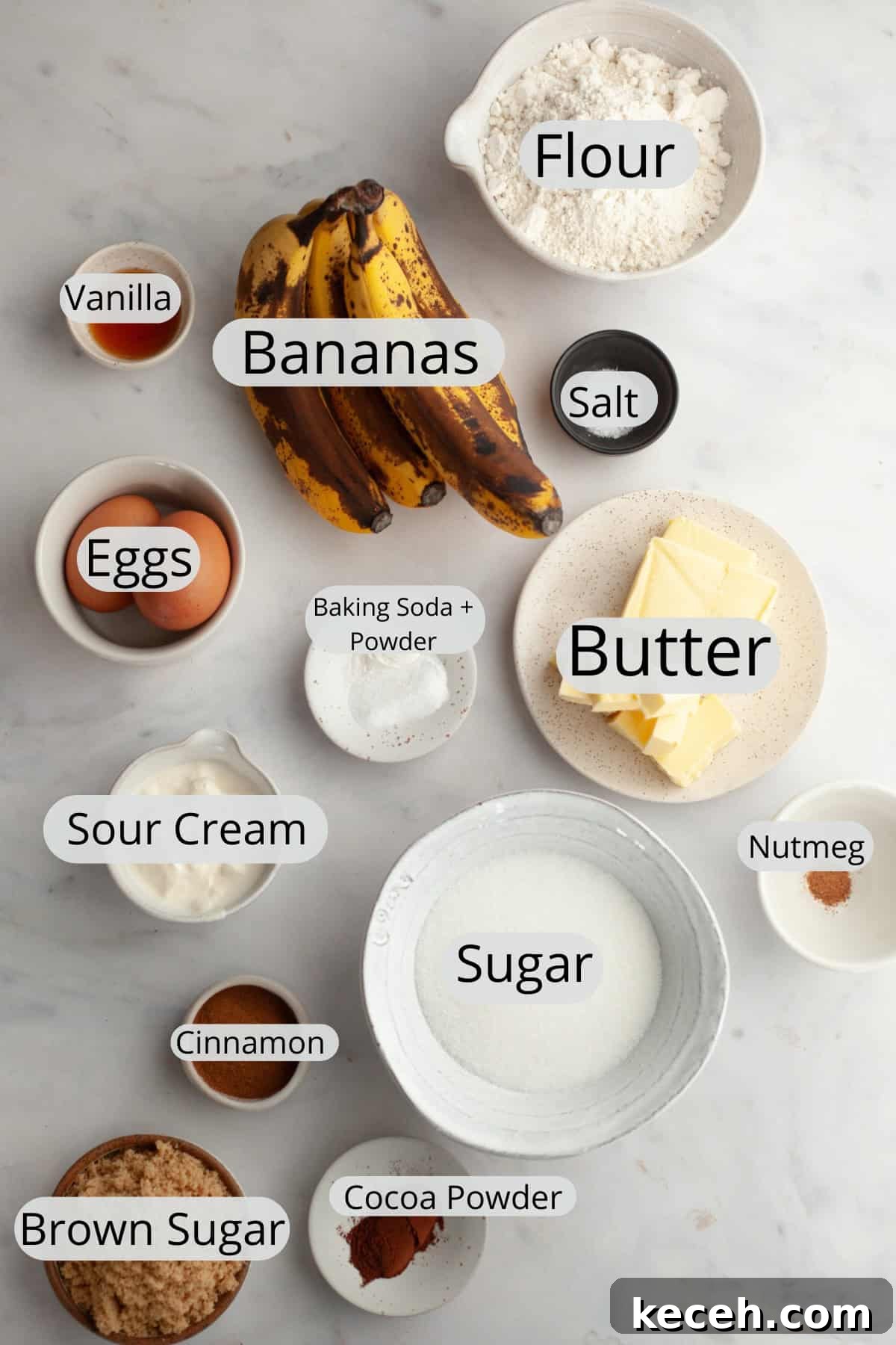Moist Banana Coffee Cake with Sour Cream Glaze 3 All the ingredients needed to make banana coffee cake, weighed out into small bowls.