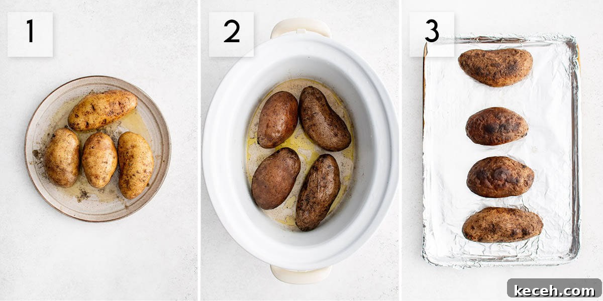three panel collage image showing hte steps to make slow cooker baked potatoes