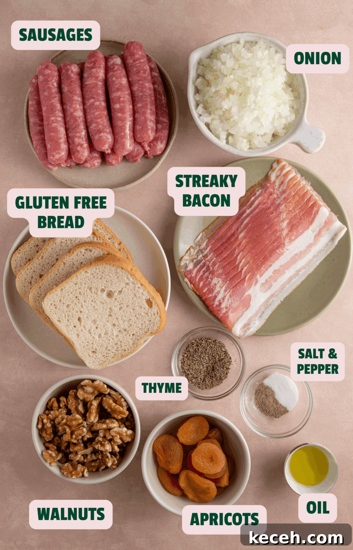 Ingredients for gluten free stuffing balls including sausages, bacon, bread, onions, apricots, walnuts and herbs.
