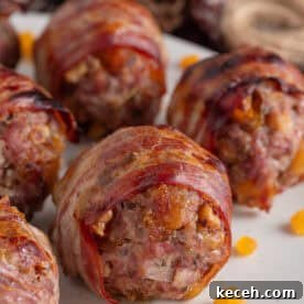 Close up of a plate of bacon-wrapped gluten free stuffing balls with chopped apricots.