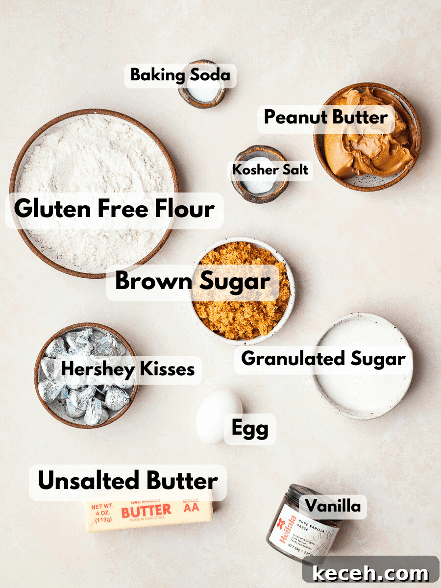 Gluten-Free Peanut Butter Blossoms Cookies Recipe 3 a collage of ingredients needed to male gluten free peanut butter blossoms