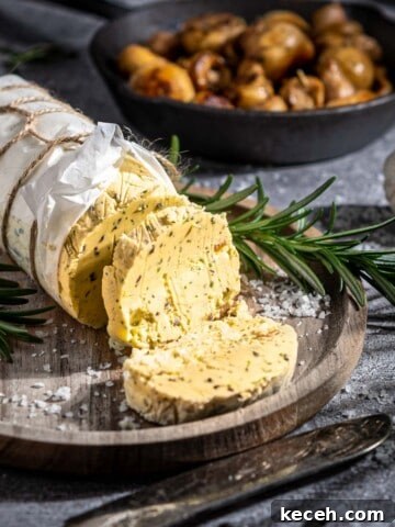 Roasted garlic butter in a sausage shape in a wooden plate.