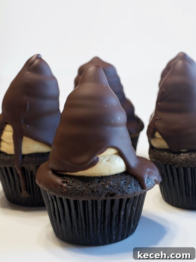 Chocolate Peanut Butter Hi-Hat Cupcakes Recipe 2 Chocolate and peanut butter hi-hat cupcakes with chocolate ganache.