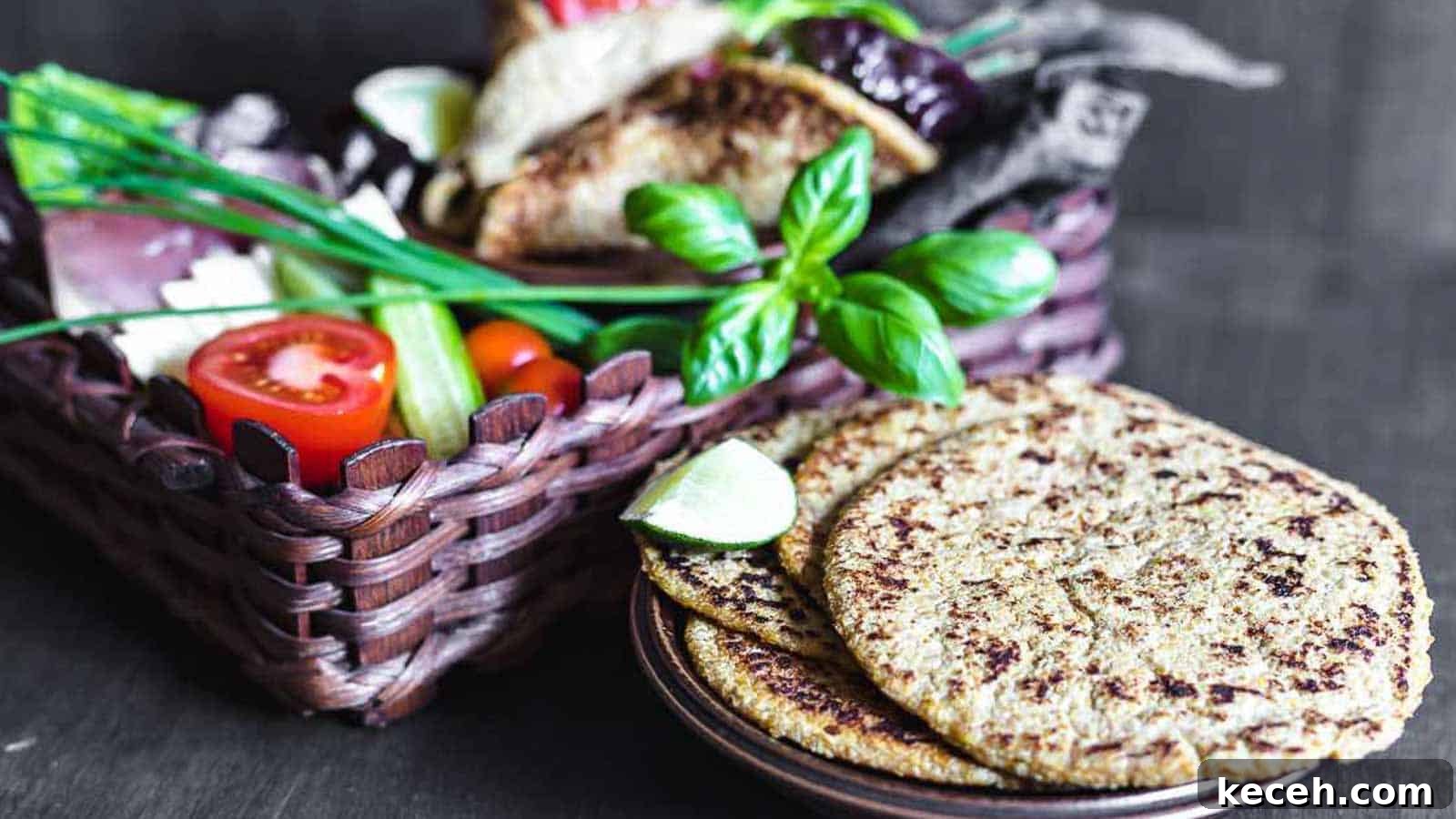 13 Delicious Low-Carb Mexican Recipes Worth Trying 4 Flaxseed Keto Wraps on a plate and brown basket with veggies behind.