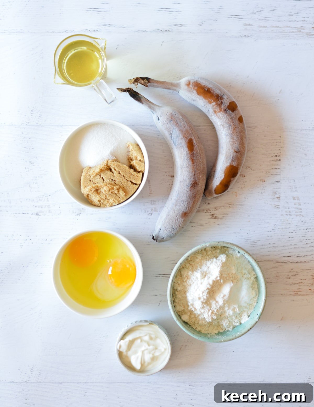 Moist Banana Bread Made with Frozen Bananas 3 oil, frozen bananas, sugar, brown sugar, eggs, and flour.
