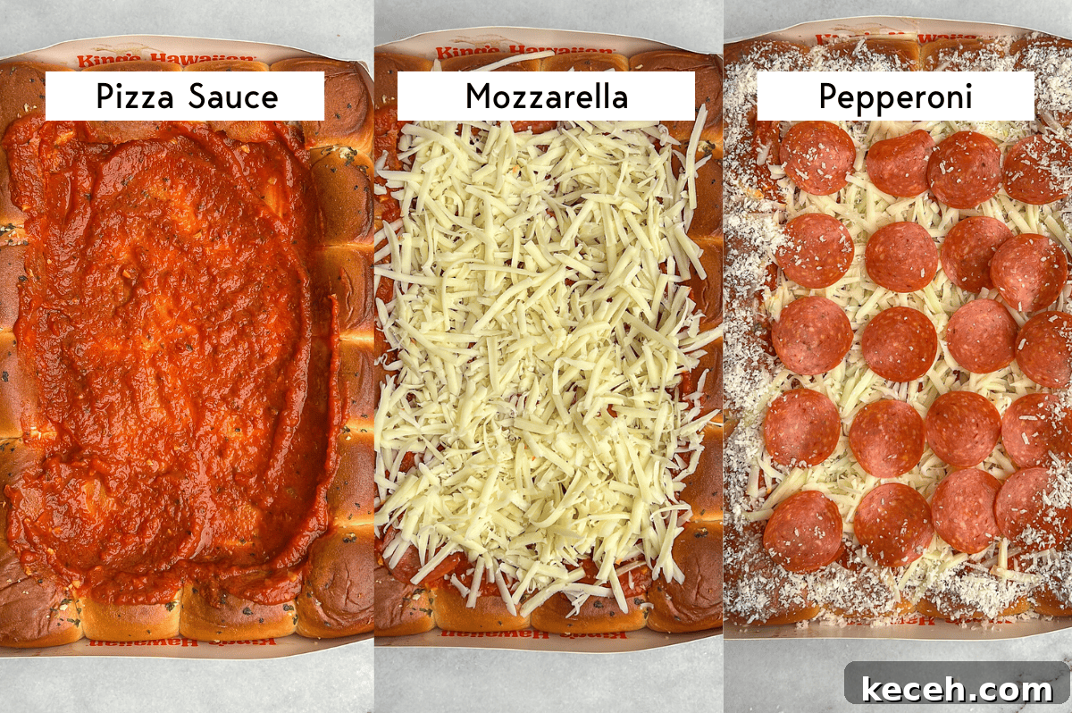 assembling the pizza with sauce, mozzarella, and pepperoni