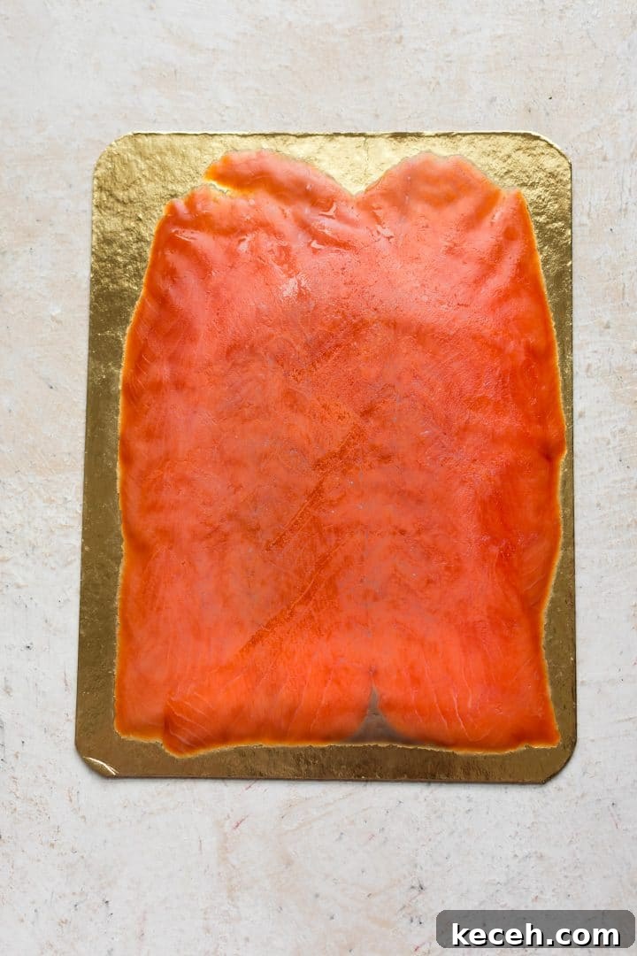 Smoked Salmon Pasta with Creamy Lemon-Dill Sauce 3 cold smoked salmon thinly sliced on gold packaging
