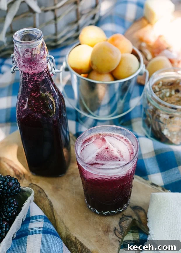 Blackberry Shrub Syrup mixed with sparkling lemonade at a picnic.