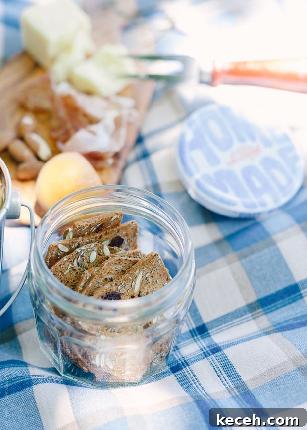 Crackers in a glass jar on a picnic blanket.
