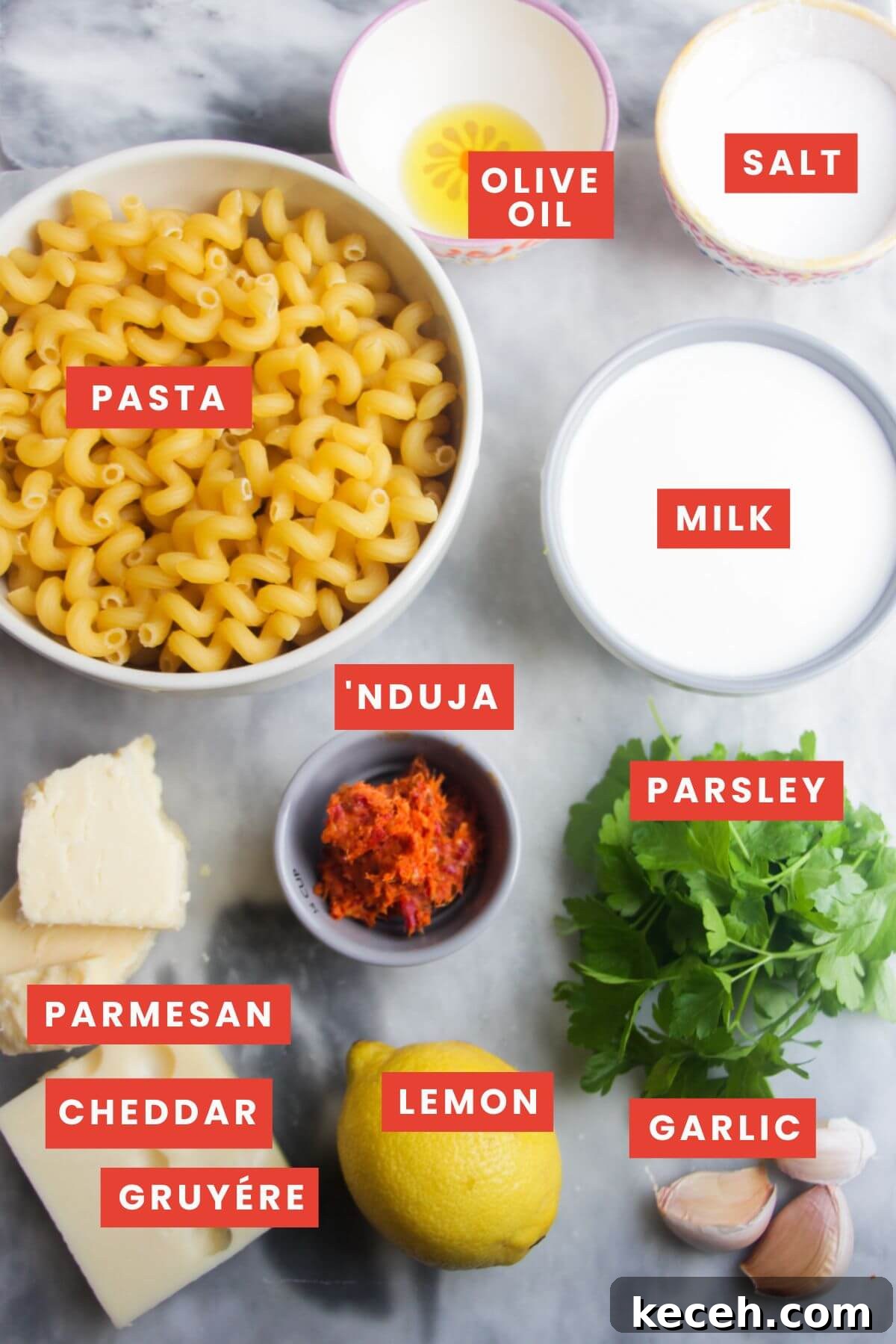 Creamy Spicy One-Pot Mac and Cheese Recipe 4 Ingredients for spicy mac and cheese laid out on a grey marble background and labelled.