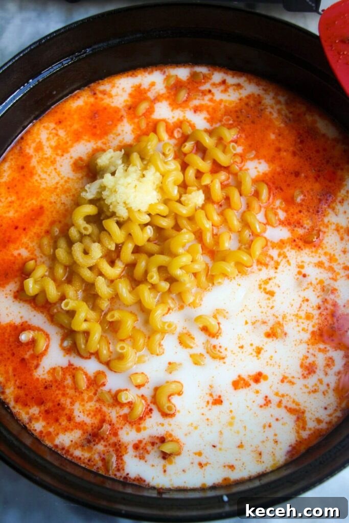 Creamy Spicy One-Pot Mac and Cheese Recipe 6 Milk, garlic and pasta added to 'nduja in a large black skillet.