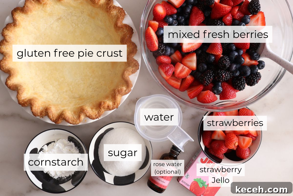 Gluten-Free Mixed Berry Pie Recipe — Fresh Summer Dessert 3 berry pie ingredients measured out and labeled.