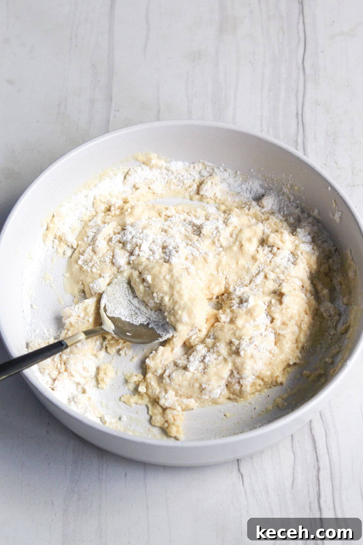 A white bowl filled pancake batter mixture being mixed using a metal spoon.