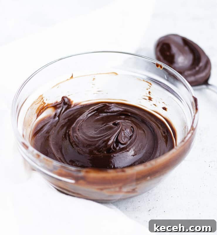 Chocolate Ganache Recipe: Smooth, Glossy Ganache in Minutes 2 A bowl of dark chocolate ganache with a swirl on the top next to a spoon with ganache.