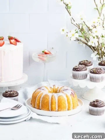 a selection of layer cakes, bundt cakes and cupcakes in front of a white tile backdrop