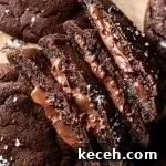 4 stacked Nutella chocolate lava cookies on parchment lined wire rack