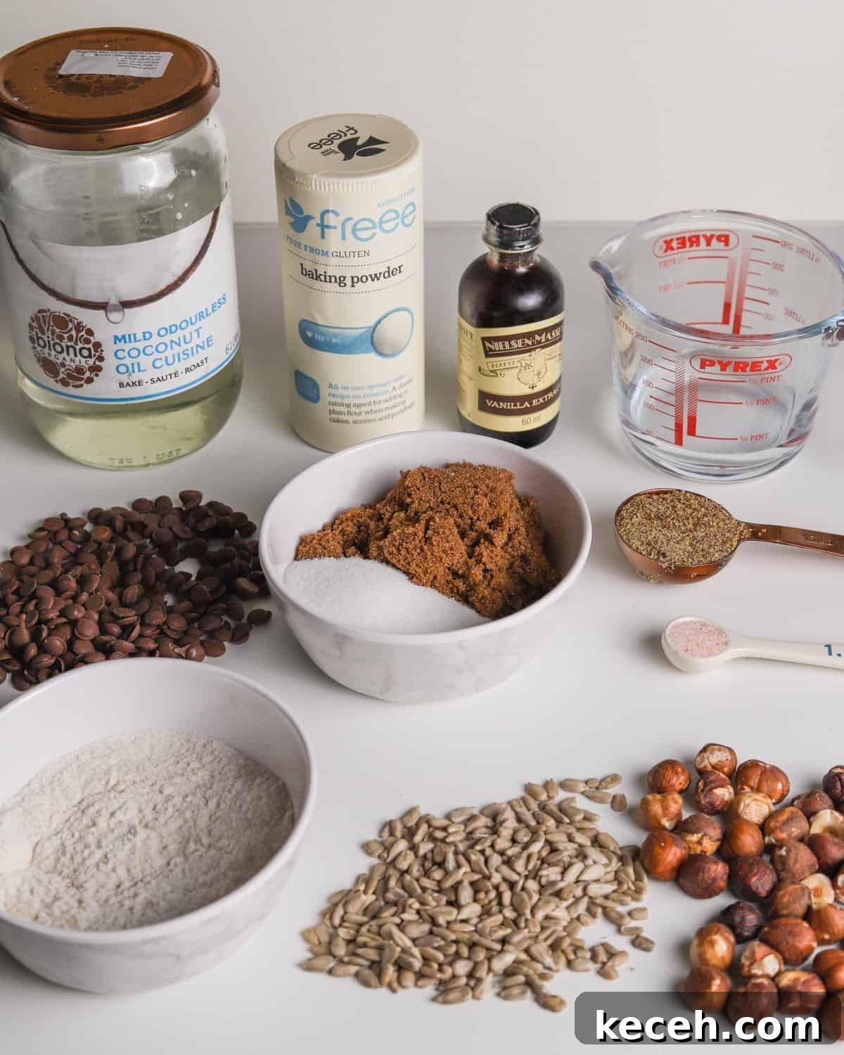 Photo showing the ingredients to make hazelnut and sunflower seed cookies.