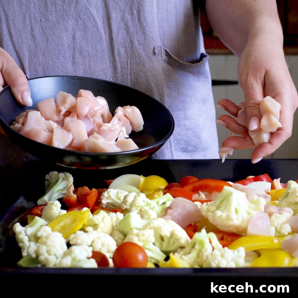 Curried Chicken Tray Bake Recipe from The Slimming Foodie 7 Woman holding a black bowl of chopped chicken in one hand, whilst scattering chicken pieces over a black baking tray of chopped veggies