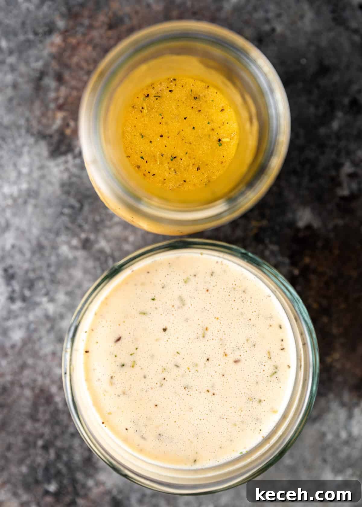 Two Homemade Italian Salad Dressings: Classic & Zesty Variations 8 overhead: 2 glass jars full of Italian salad dressing made two ways