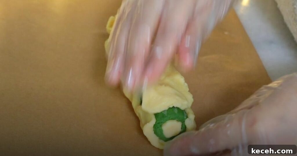 Slice-and-Bake Christmas Cookies: Quick Holiday Cookie Recipes 8 covering green dough with plain dough.
