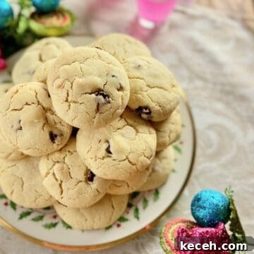 Perfect Cookie Dough Recipe for Baking and Safe Snacking 11 Cookies stacked on decorative plate.