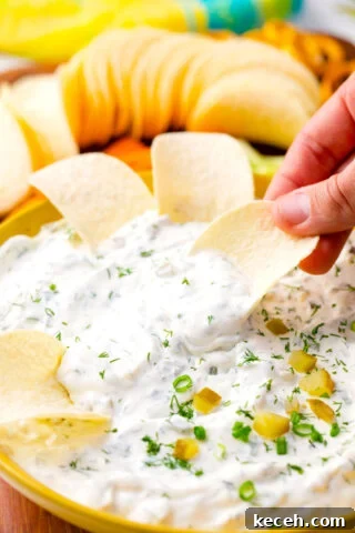 Dill pickle dip on a potato chip.