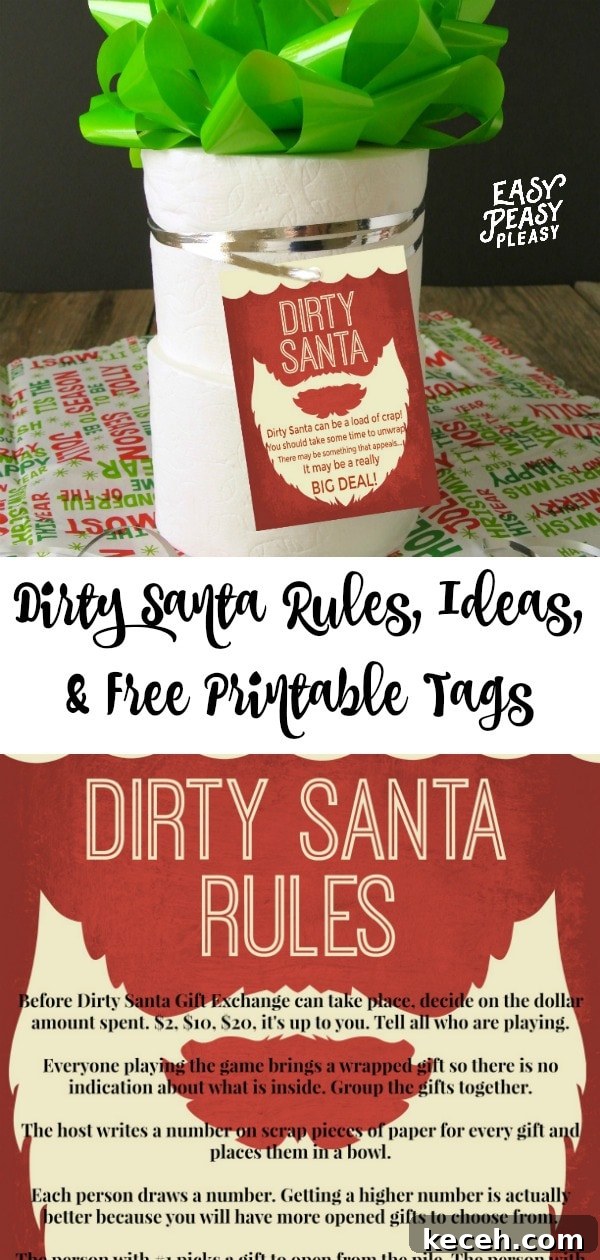 Dirty Santa Rules, Ideas for gifts, and free printable dirty Santa gift tags. #dirtysanta #dirtysantarules #dirtysantaprintables #dirtysantagifts