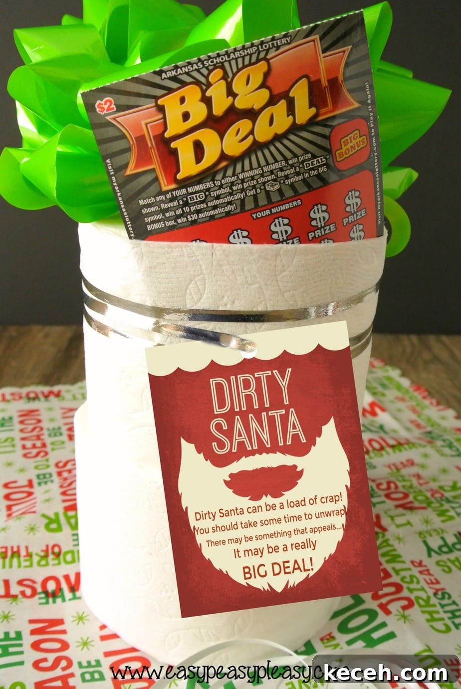 Dirty Santa Gift Idea with free printable gift tags incorporating Arkansas Scholarship Scratch Off Lottery Tickets.