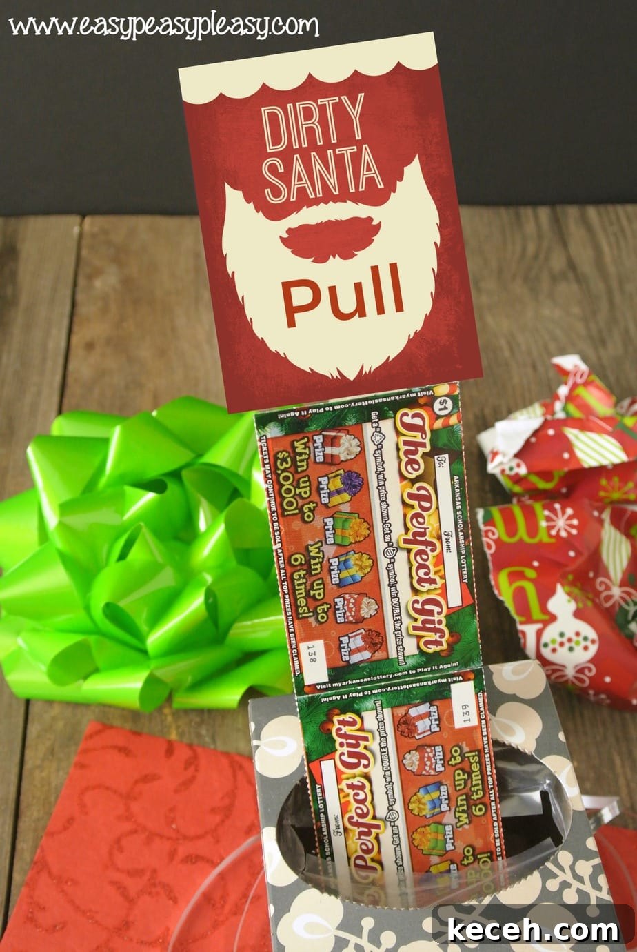 Dirty Santa Gift using Lottery Tickets and an empty box of tissue. Free printable gift tags.