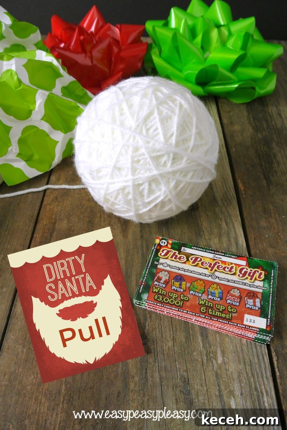 Pull the string to find The Perfect Gift. Check out these Dirty Santa Gift Ideas using Lottery Tickets and get the free printable gift tags.