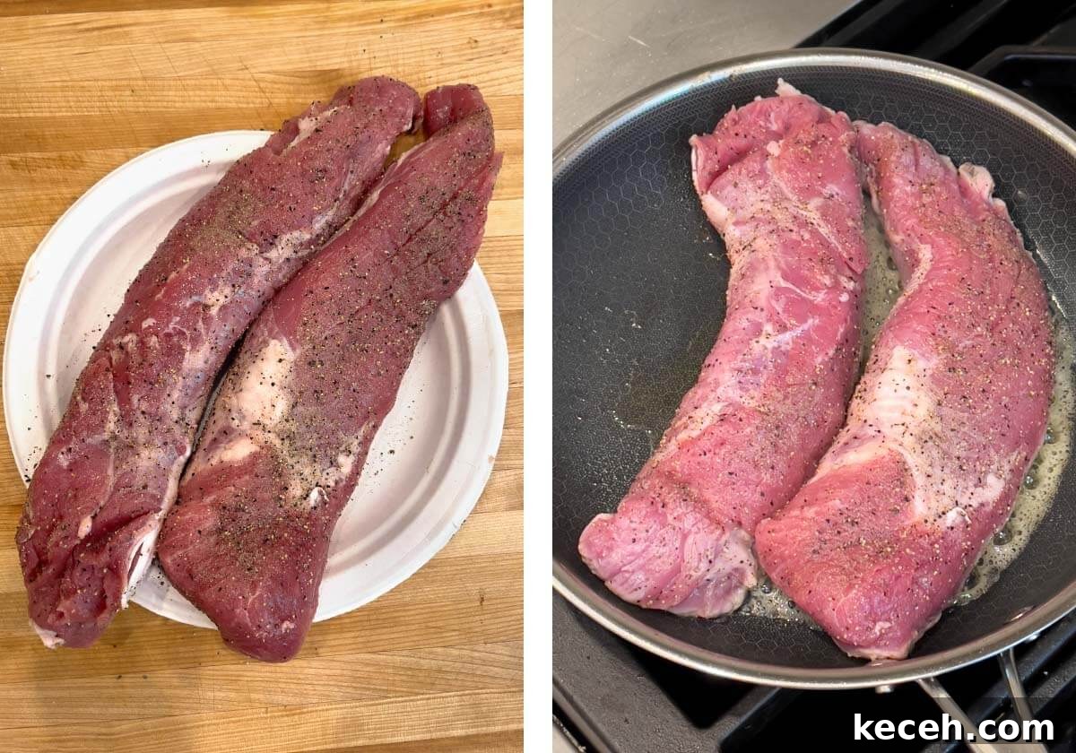 Oven-Roasted Pork Tenderloin Recipe 5 2 raw pork tenderloins seasoned with pepper, then in a skillet