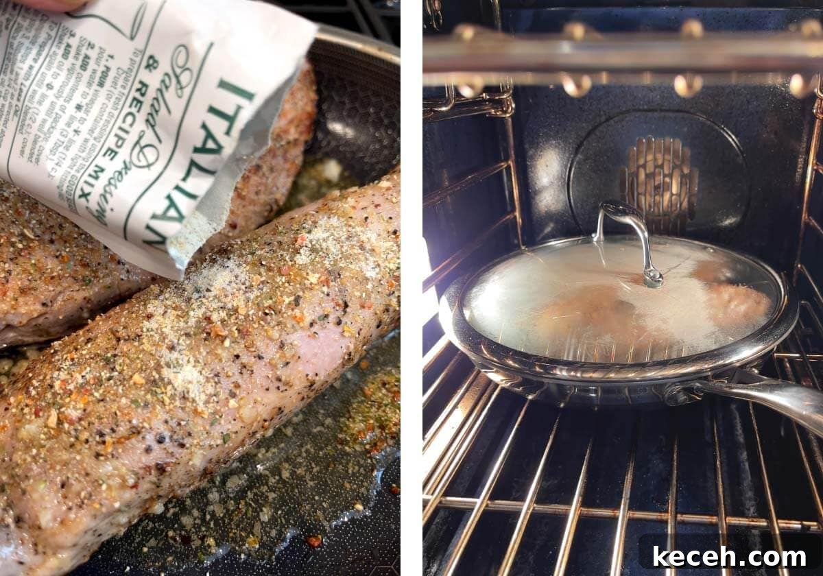 Oven-Roasted Pork Tenderloin Recipe 7 Sprinkling Italian seasoning on pork tenderloin, skillet with lid in oven.
