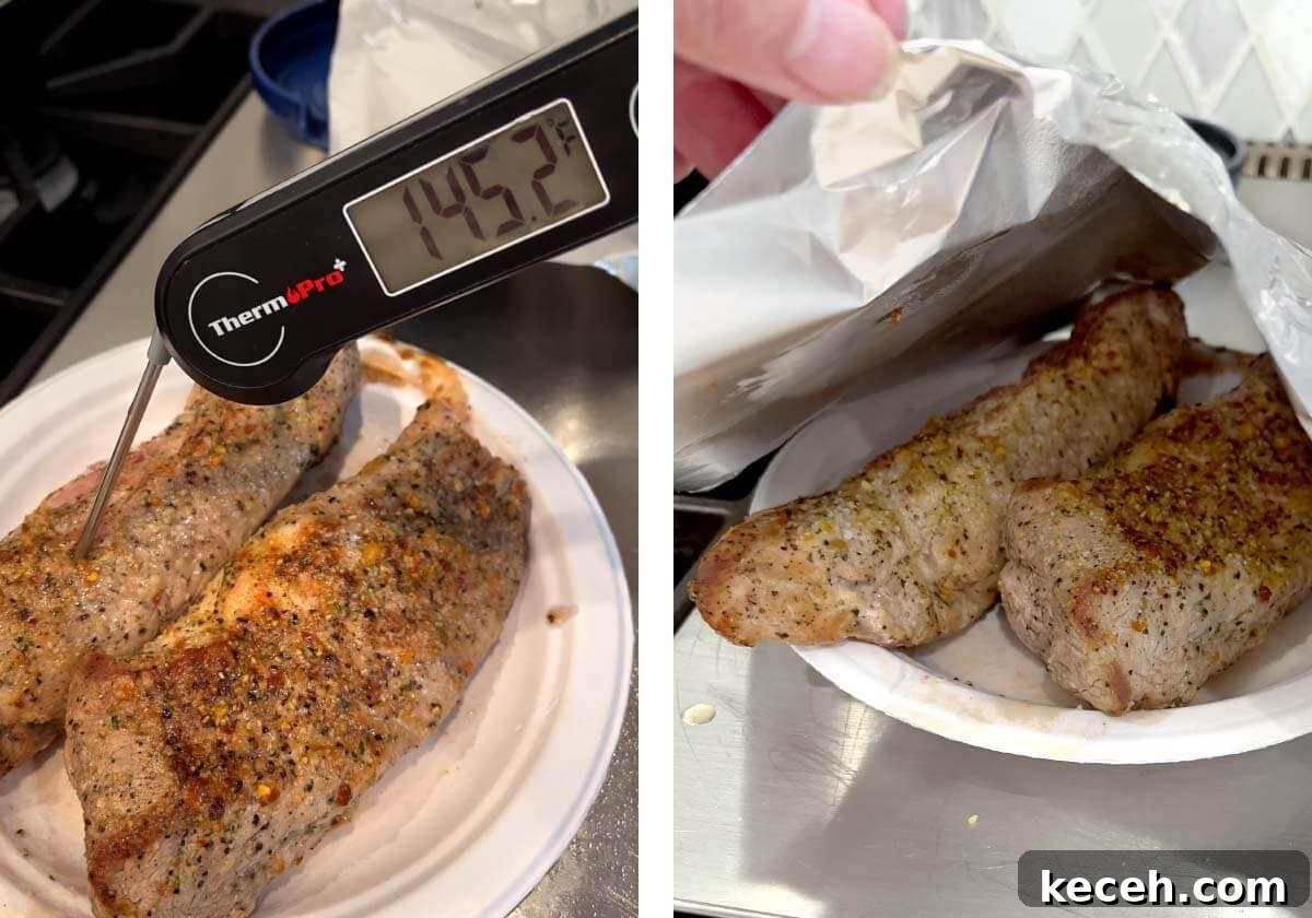 Oven-Roasted Pork Tenderloin Recipe 8 taking temperature of pork with digital thermometer, 2 pork roasts under tented foil.