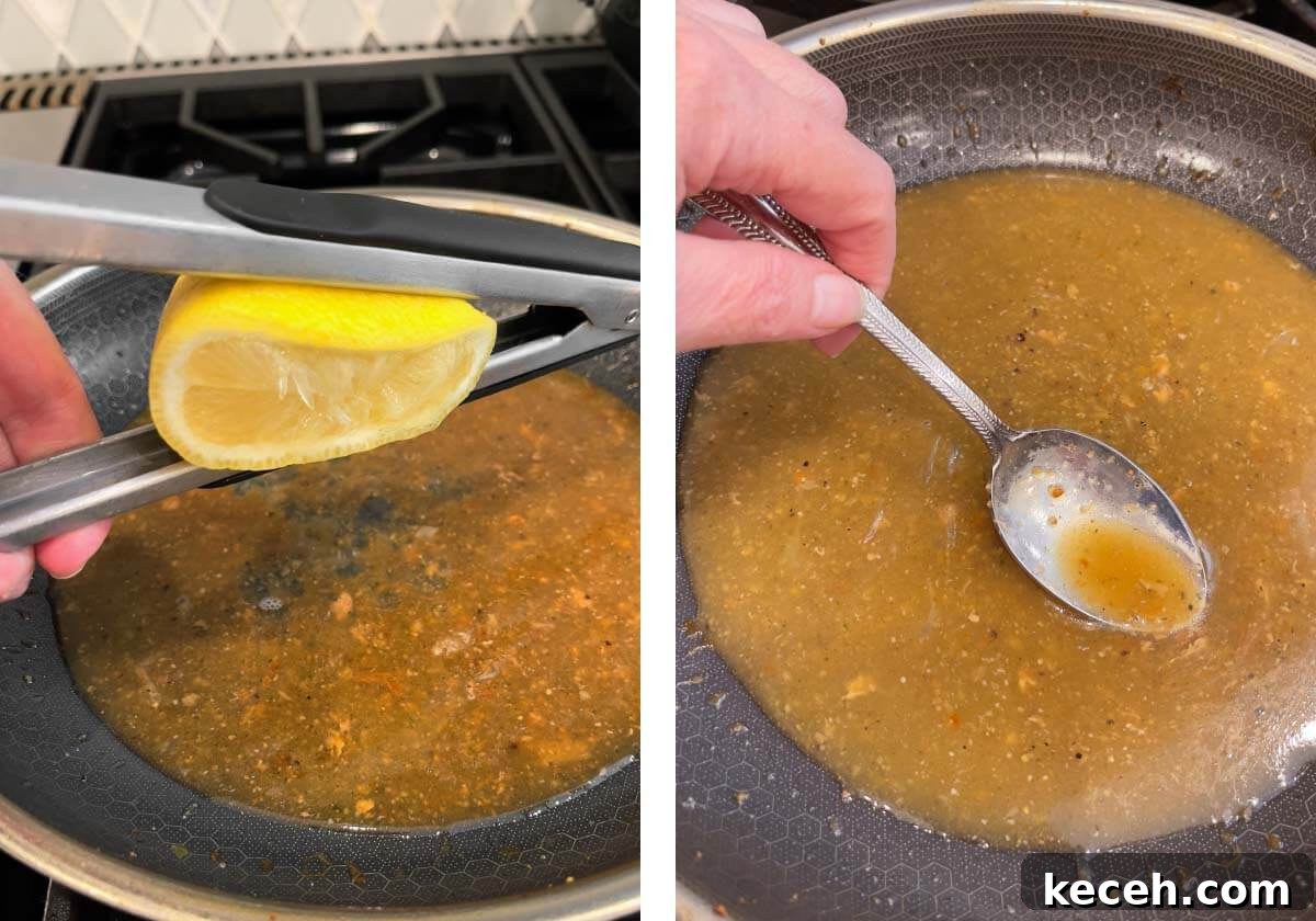 Oven-Roasted Pork Tenderloin Recipe 9 adding lemon juice to pan sauce, stirring pan sauce.