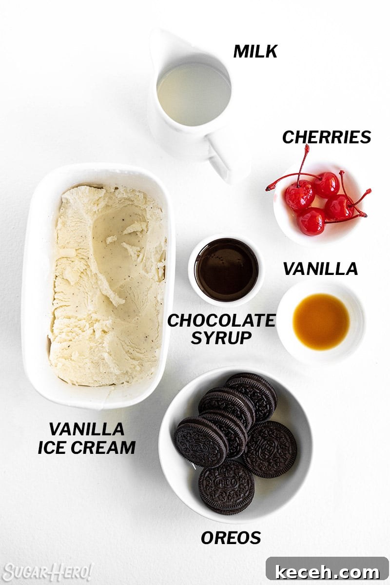 Creamy Oreo Milkshake Recipe for Homemade Dessert 3 Overhead shot of ingredients for Oreo Milkshakes.