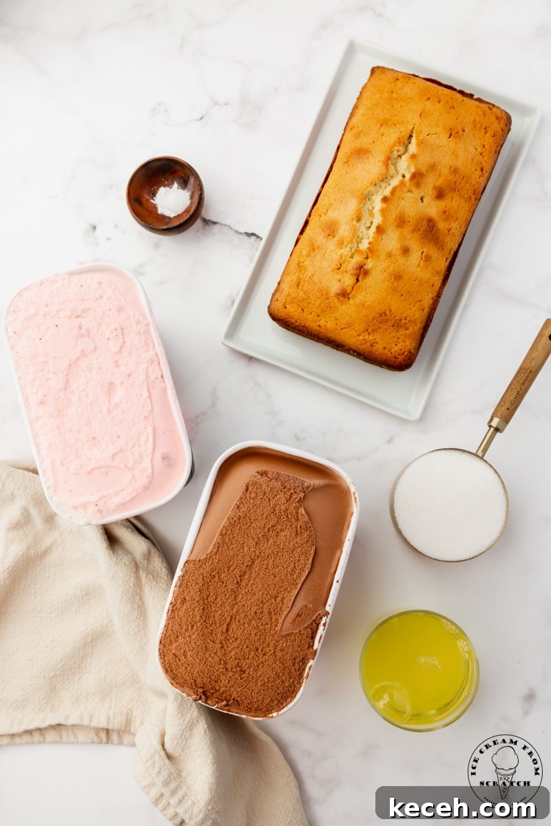 The ingredients needed to make baked alaska, including a pound cake, chocolate and vanilla ice cream, and egg whites.
