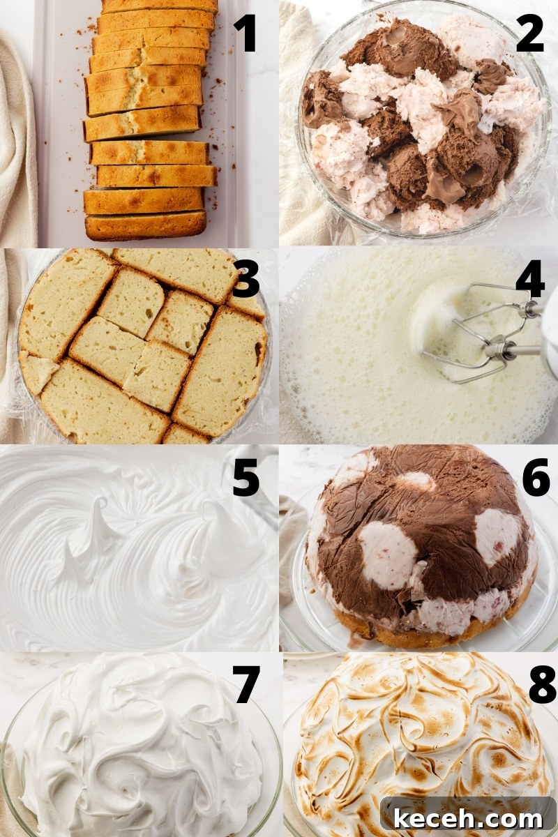 A collage of 8 images showing step by step how to make baked Alaska with pound cake and ice cream.