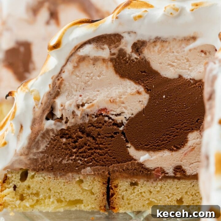 Closeup view of the inside of a slice of baked Alaska. There is a bottom layer of cake, topped with chocolate and strawberry ice cream swirls, then topped with fluffy meringue.