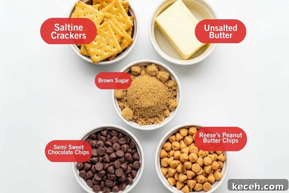 Saltine Cracker Toffee Recipe — Classic Christmas Crack Candy 3 Flat lay photo of ingredient shot saltine crackers, unsalted butter, brown sugar, semi sweet chocolate chips, Reese's peanut butter chips