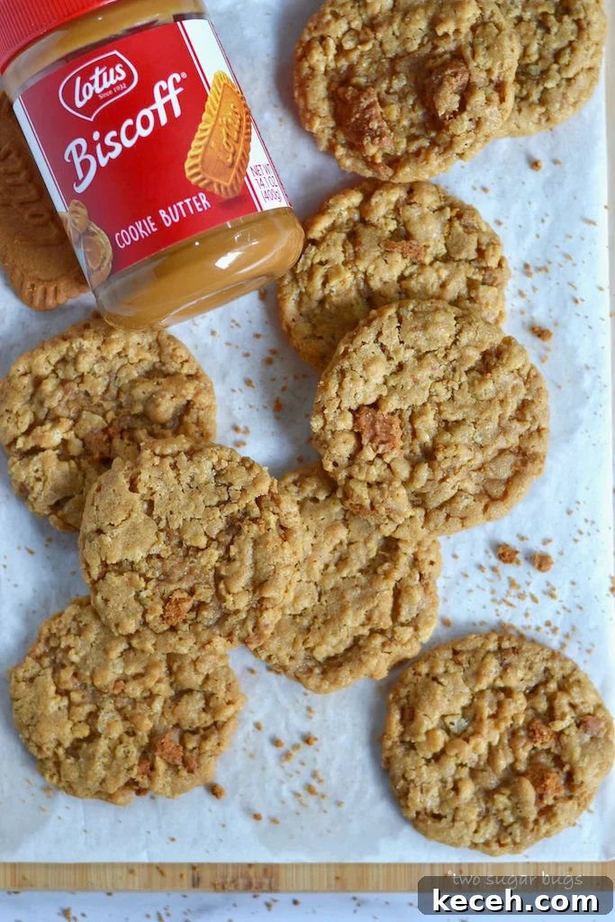 Crunchy Cookie Butter Cookies: Crispy, Spread-Infused Treats 3 biscoff crispy cookies on parchment lined cutting board