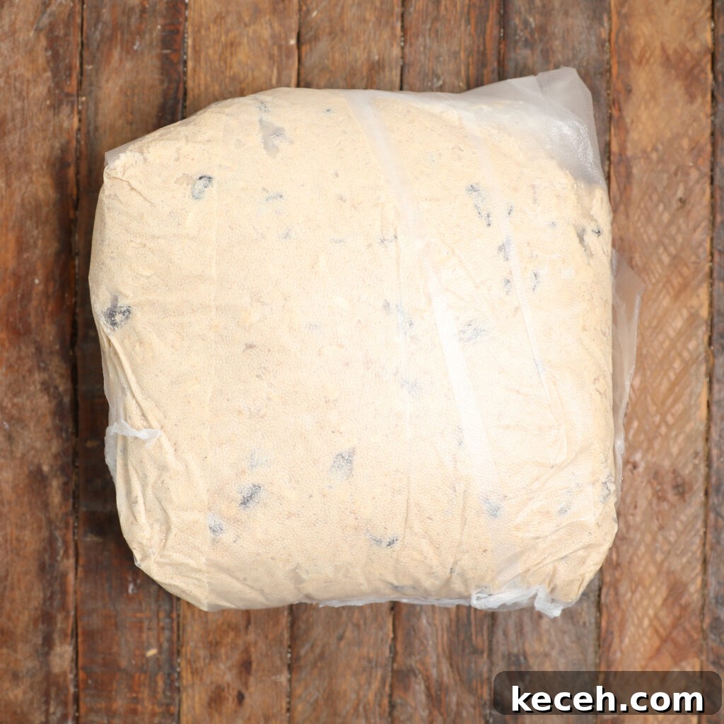 A large, clear plastic bag filled with a light beige, crumbly substance containing dark specks—reminiscent of the texture in oatmeal raisin cookies—is placed on a rustic wooden surface.