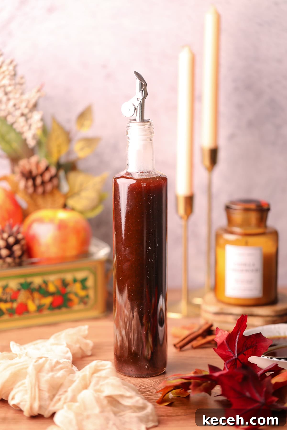 Apple and Brown Sugar Syrup Recipe for Pancakes & Coffee 2 apple brown sugar syrup in a glass bottle.