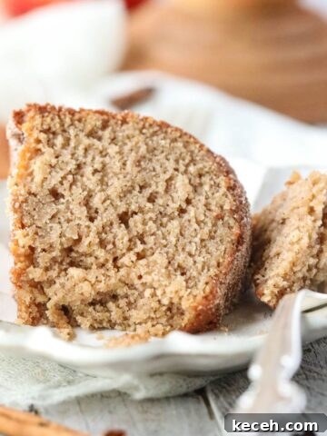 A slice of apple cider donut cake on a white plate.